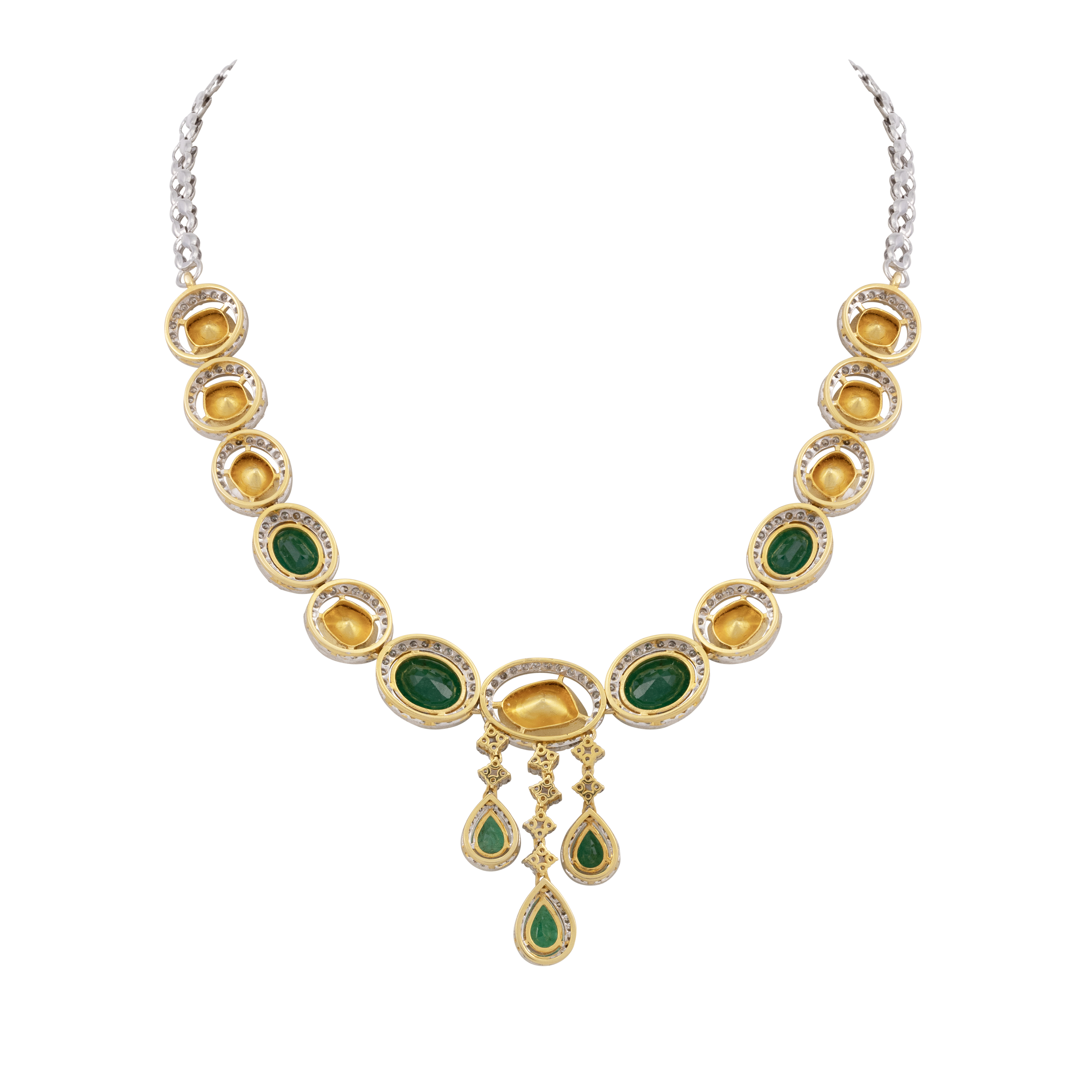 Polki and Zambian Emerald Necklace with Cascading Drops
